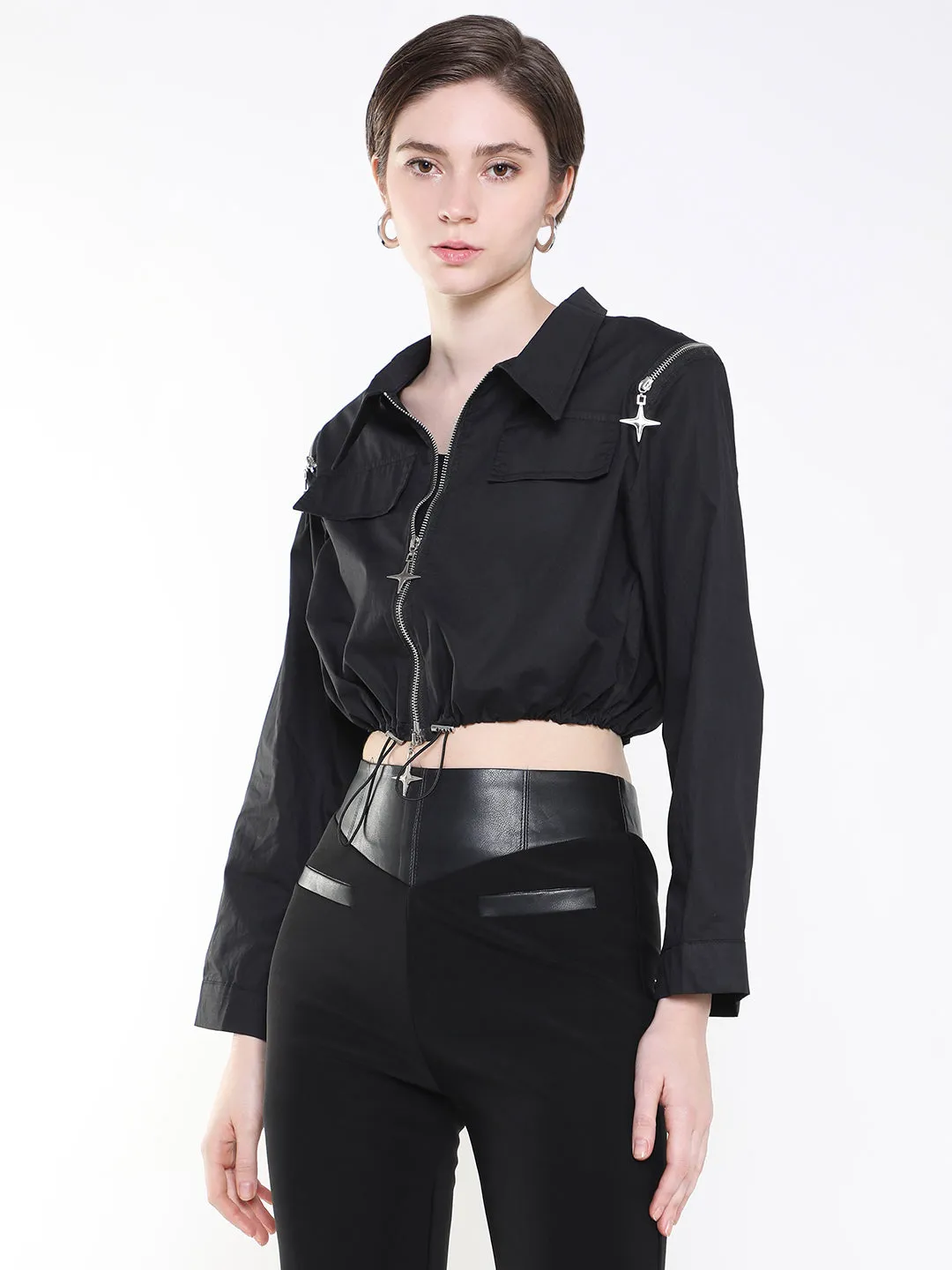 Women Black Windcheater Crop Tailored Jacket