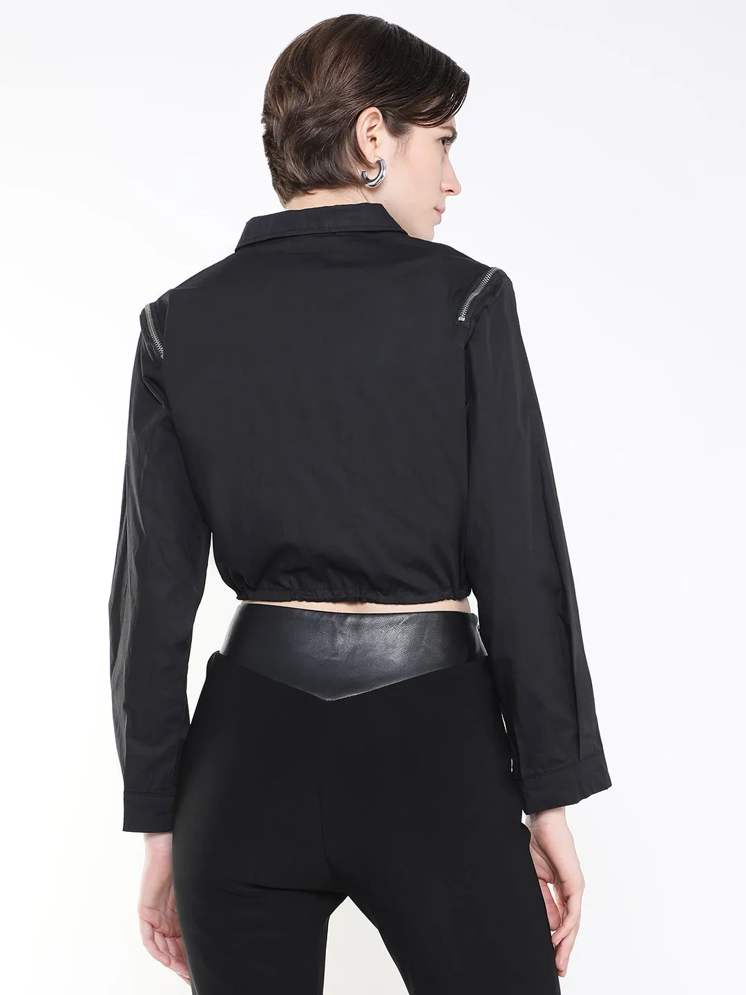 Women Black Windcheater Crop Tailored Jacket