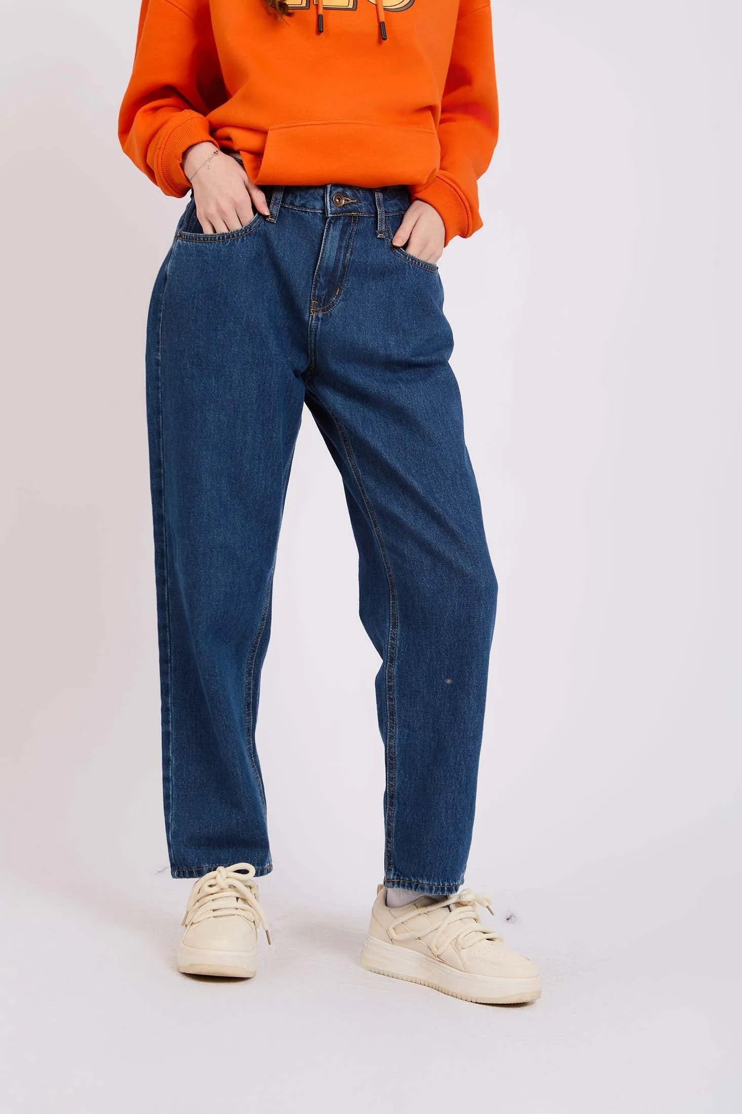 Women Relaxed Fit High Waist Denim Pant Dark Wash