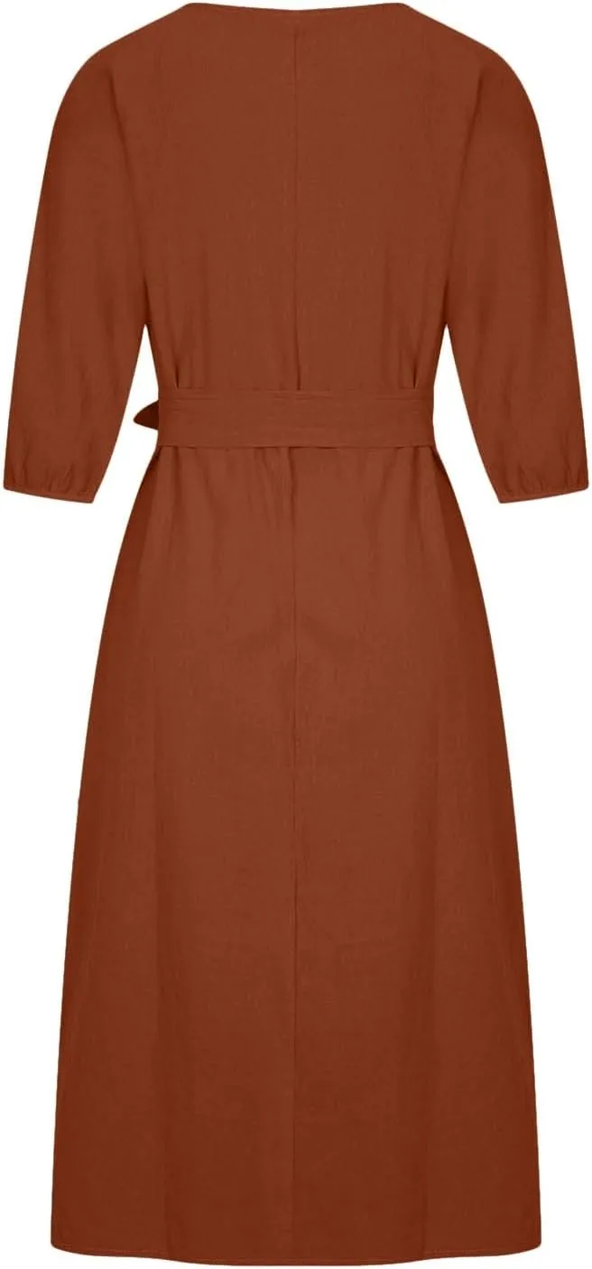 Women Summer Dresses Dressy Casual Loose Lantern 3/4 Sleeve Midi Dress Boat Neck Tie Waist Plus Size T Shirt Dress