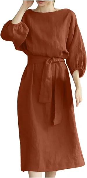 Women Summer Dresses Dressy Casual Loose Lantern 3/4 Sleeve Midi Dress Boat Neck Tie Waist Plus Size T Shirt Dress