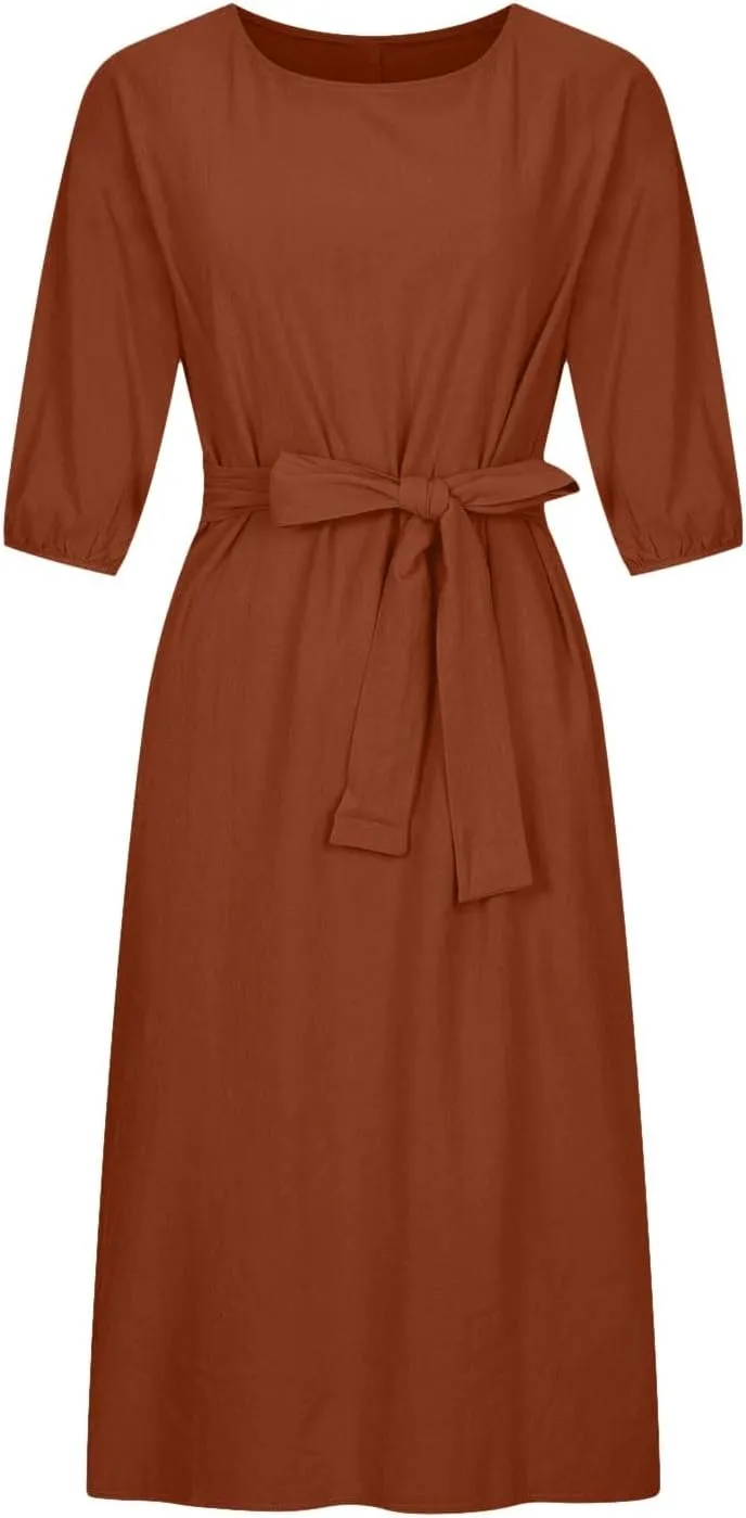 Women Summer Dresses Dressy Casual Loose Lantern 3/4 Sleeve Midi Dress Boat Neck Tie Waist Plus Size T Shirt Dress