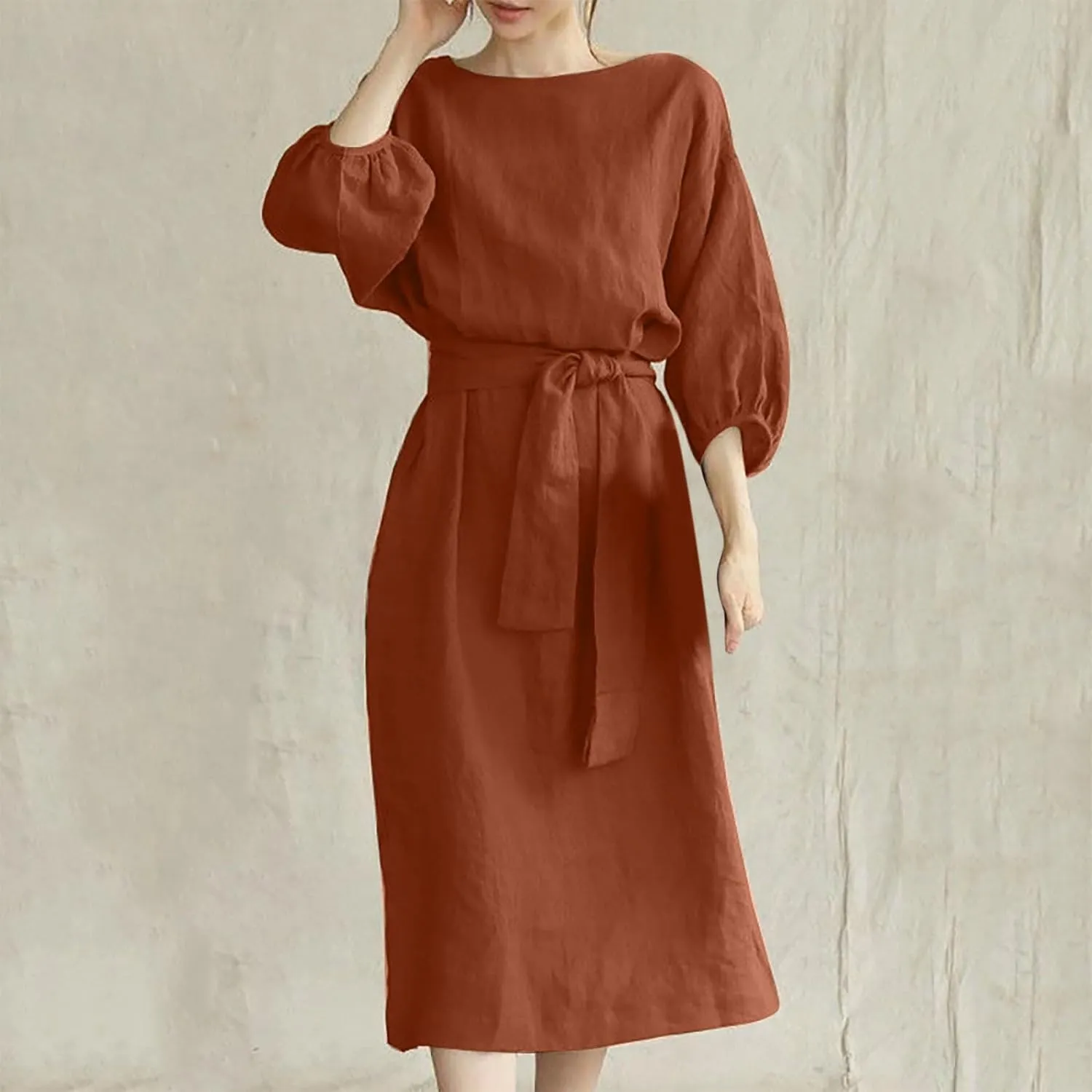 Women Summer Dresses Dressy Casual Loose Lantern 3/4 Sleeve Midi Dress Boat Neck Tie Waist Plus Size T Shirt Dress