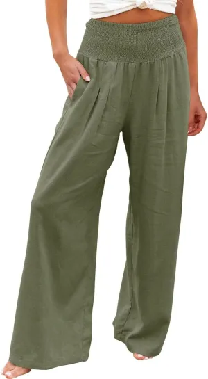 Women Summer Wide Leg Pants Cotton Linen Elastic High Waisted Palazzo Trousers Casual Loose Solid Straight Wide Leg Pants