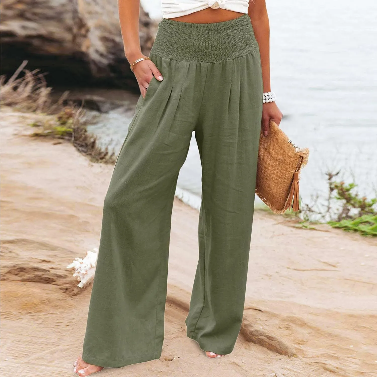 Women Summer Wide Leg Pants Cotton Linen Elastic High Waisted Palazzo Trousers Casual Loose Solid Straight Wide Leg Pants
