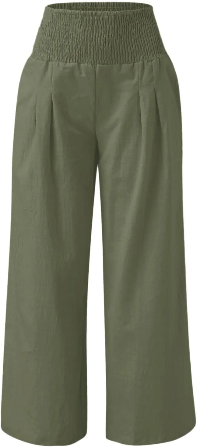 Women Summer Wide Leg Pants Cotton Linen Elastic High Waisted Palazzo Trousers Casual Loose Solid Straight Wide Leg Pants