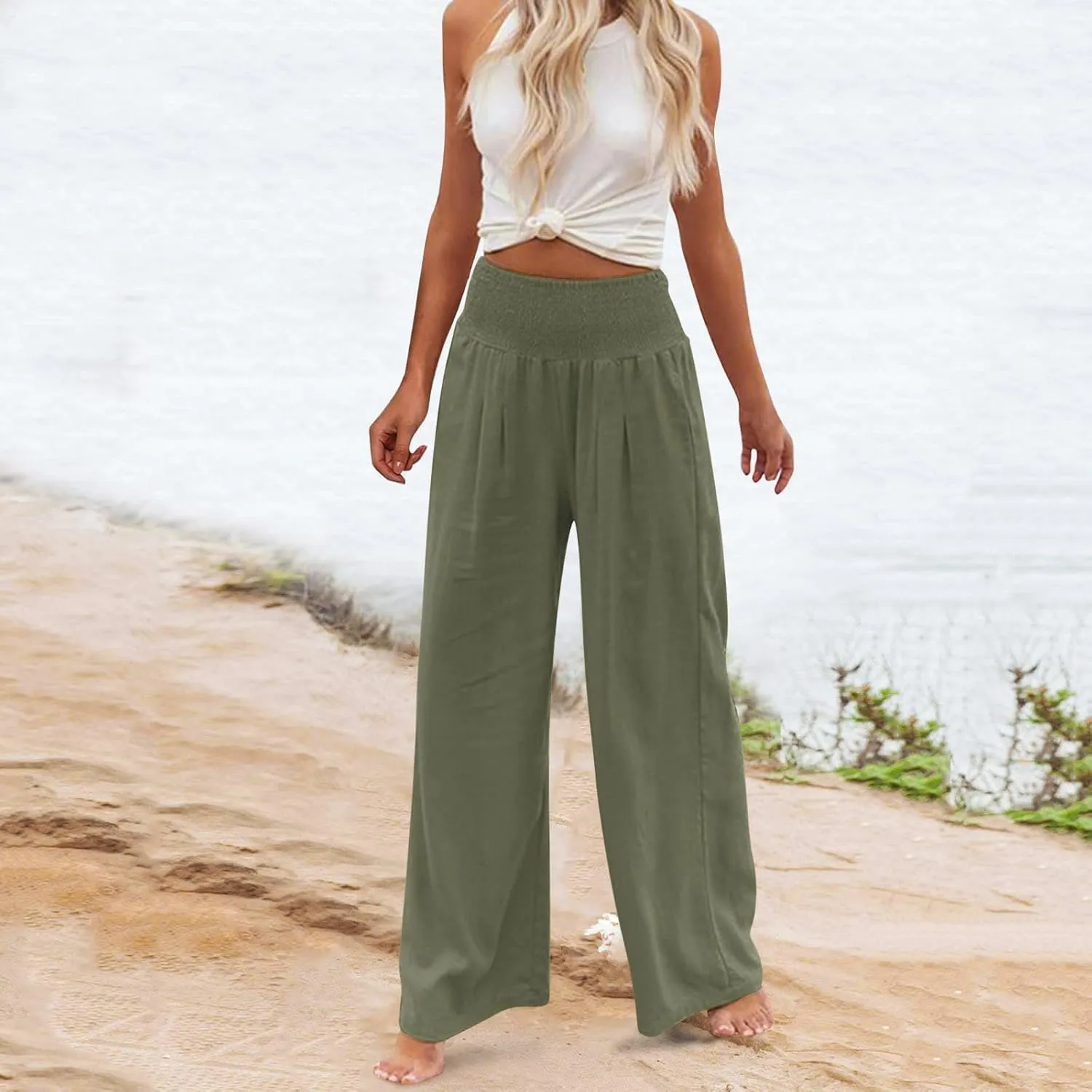 Women Summer Wide Leg Pants Cotton Linen Elastic High Waisted Palazzo Trousers Casual Loose Solid Straight Wide Leg Pants