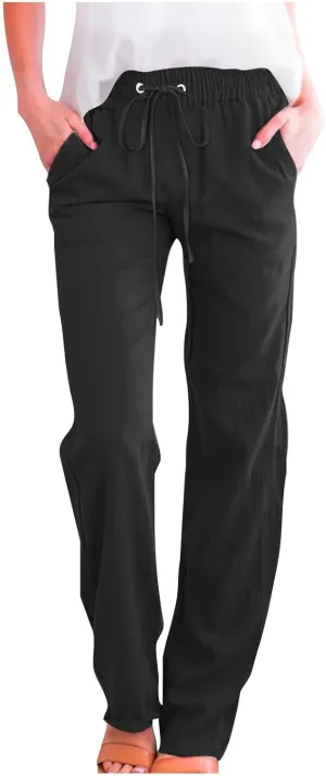 Womens Cotton Linen High Waisted Pants Drawstring Casual Loose Fit Summer Pants Comfy Trousers with Side Pockets