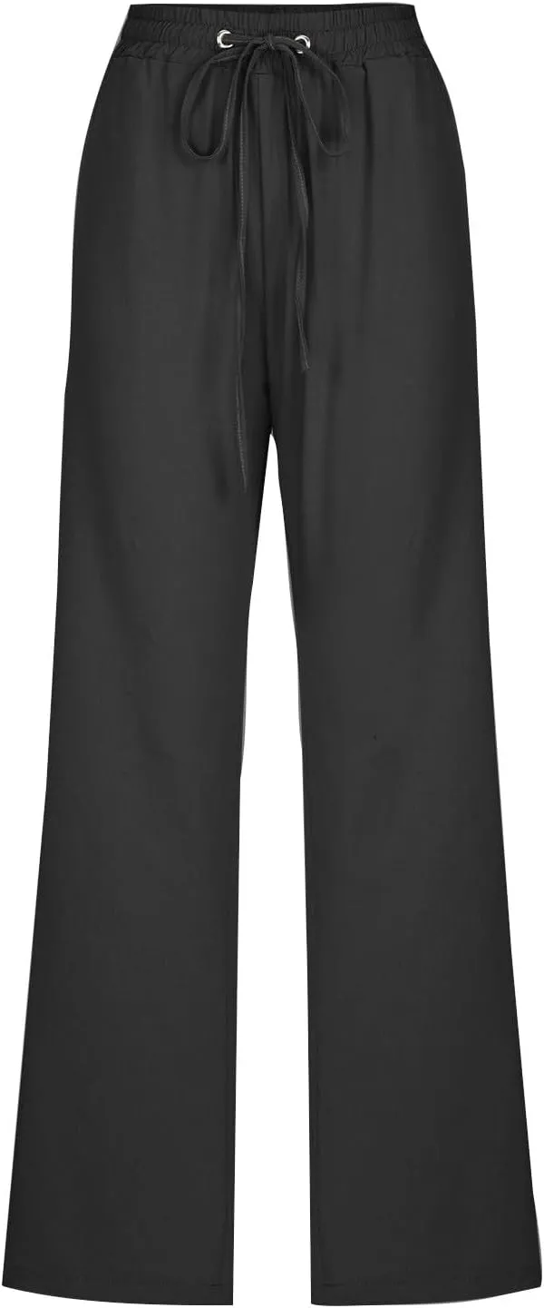 Womens Cotton Linen High Waisted Pants Drawstring Casual Loose Fit Summer Pants Comfy Trousers with Side Pockets