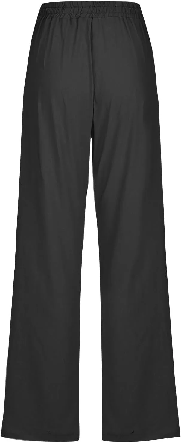 Womens Cotton Linen High Waisted Pants Drawstring Casual Loose Fit Summer Pants Comfy Trousers with Side Pockets