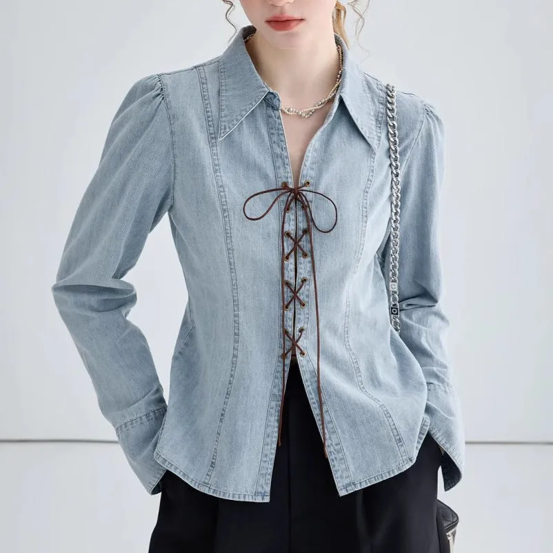 Womens Denim Shirt Jacket  Tailored Fit  Lace-Up Front  Structured Long Sleeve