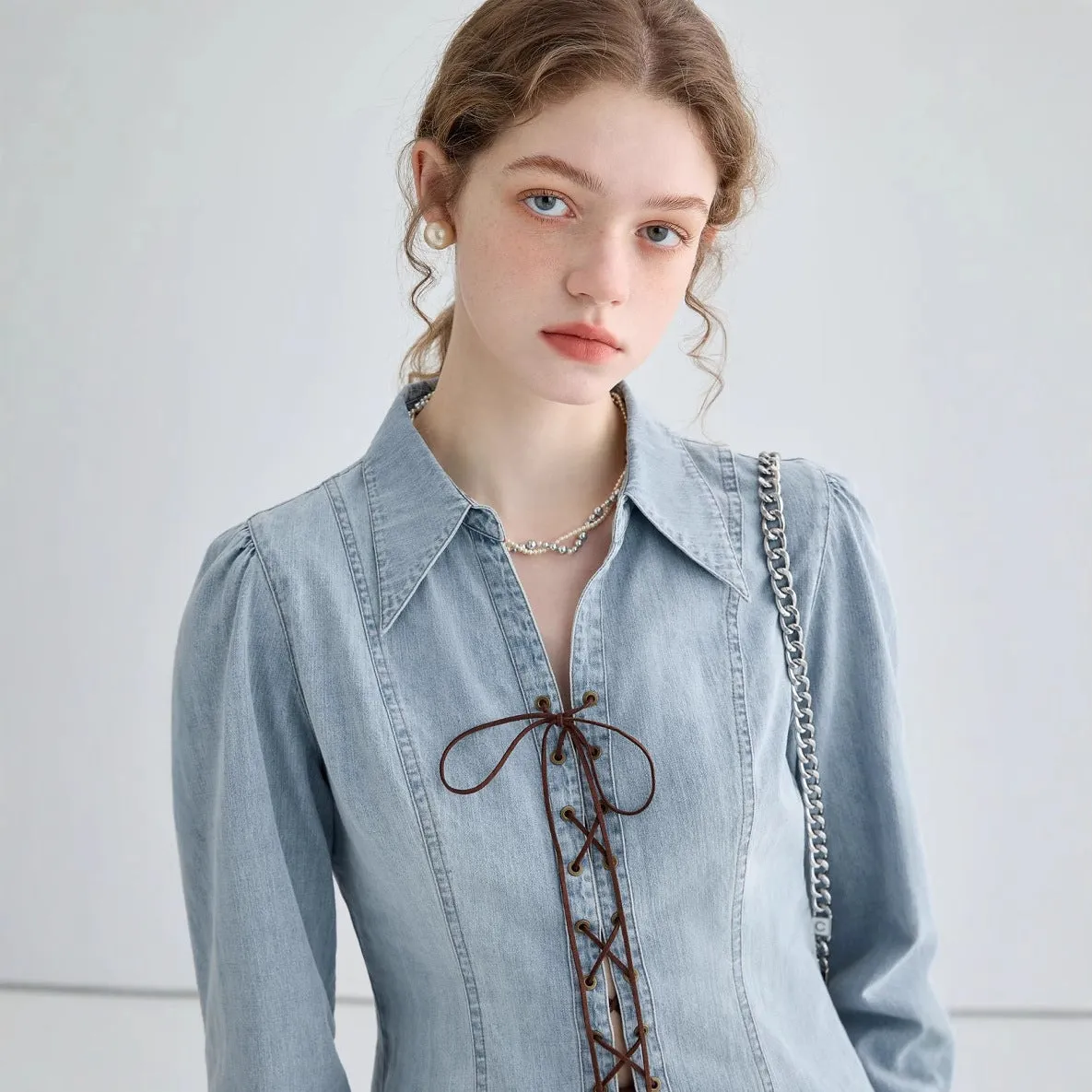 Womens Denim Shirt Jacket  Tailored Fit  Lace-Up Front  Structured Long Sleeve