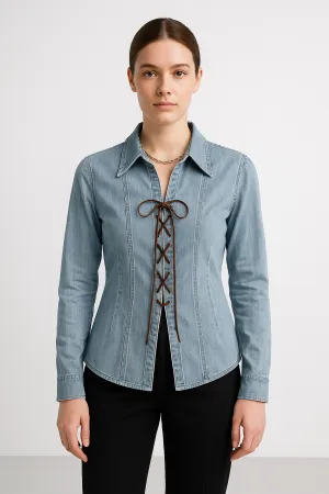 Womens Denim Shirt Jacket  Tailored Fit  Lace-Up Front  Structured Long Sleeve