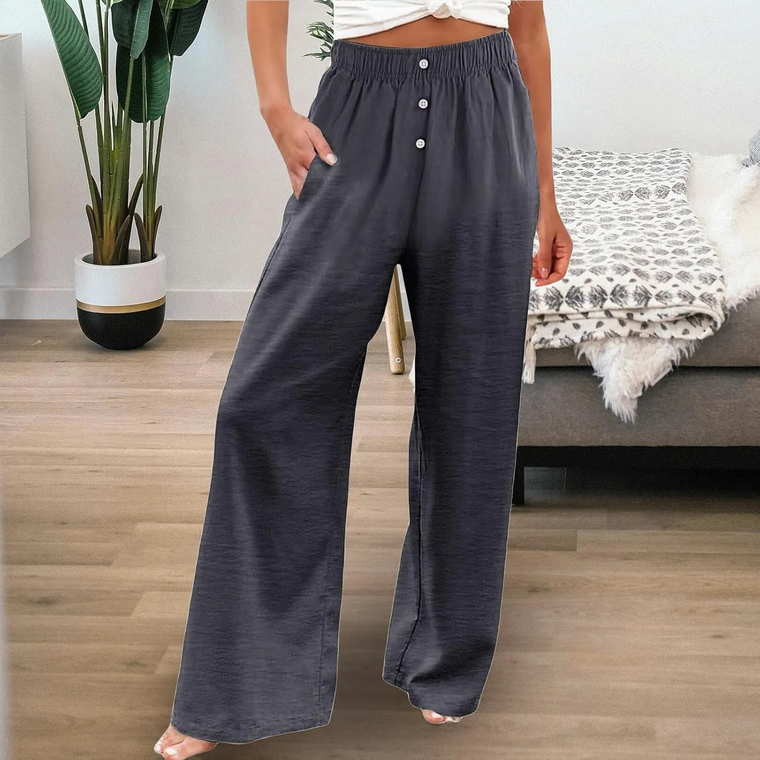 Women's Pants Cotton Linen Palazzo Pants Lightweight Button Down Trousers Casual Summer Beach Vacation Trousers 2025