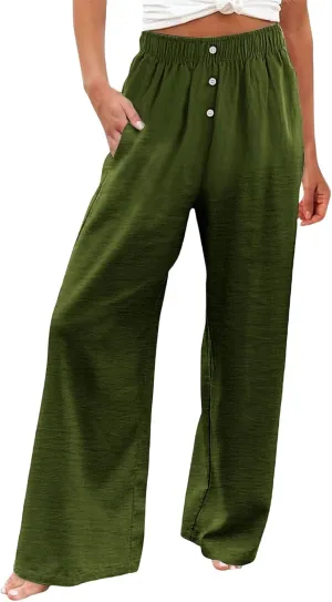 Women's Pants Cotton Linen Palazzo Pants Lightweight Button Down Trousers Casual Summer Beach Vacation Trousers 2025