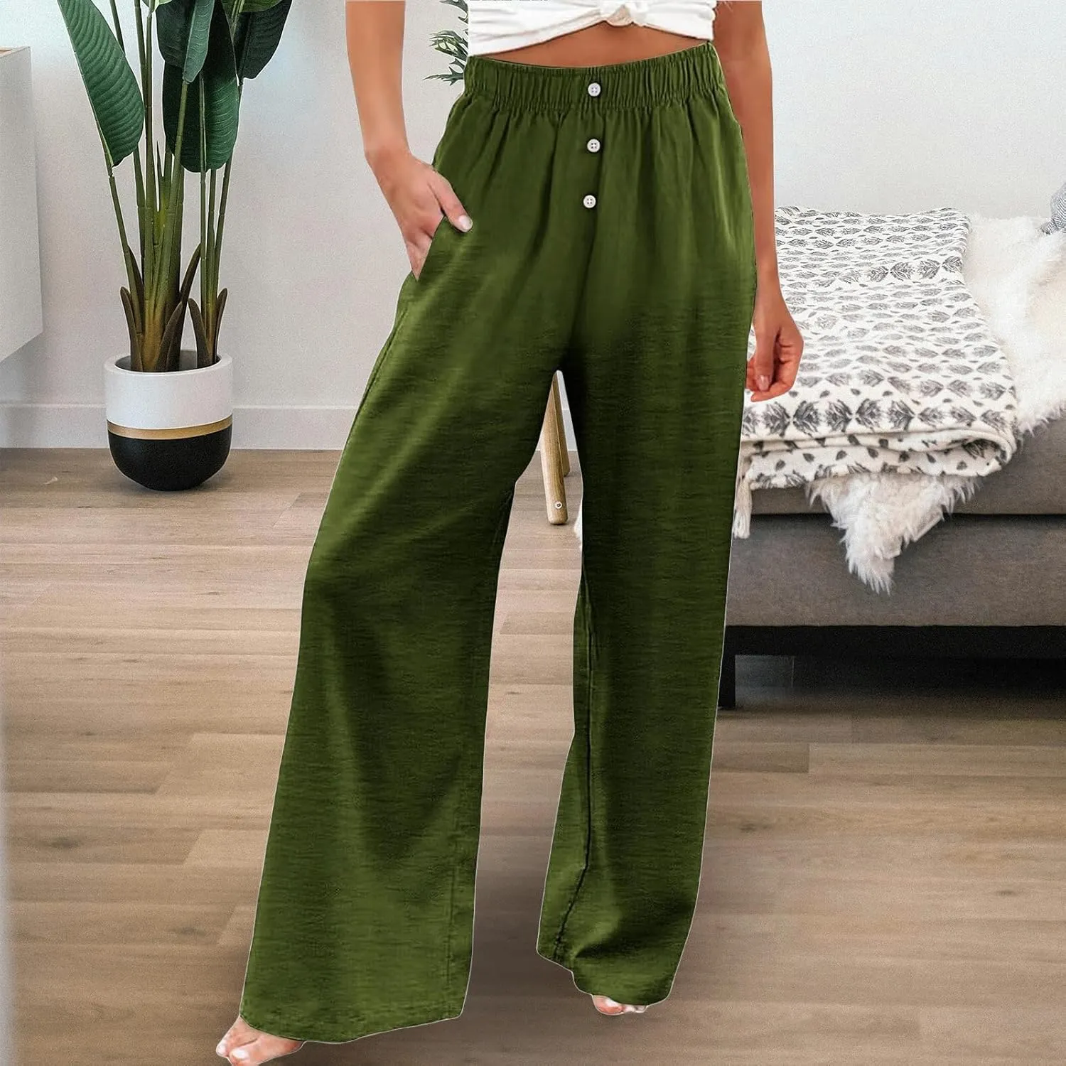 Women's Pants Cotton Linen Palazzo Pants Lightweight Button Down Trousers Casual Summer Beach Vacation Trousers 2025