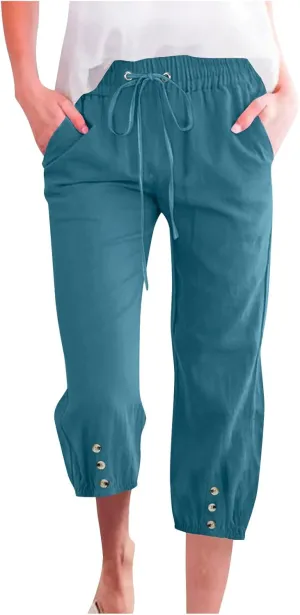 Womens Plain Cotton Linen Capri Pants Cropped Trousers Summer 3/4 Length Pant Casual Loose Trouser Capris with Pockets