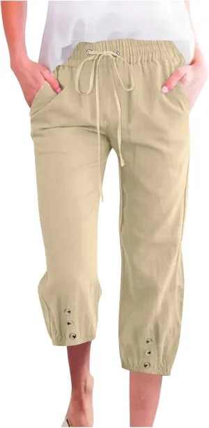 Womens Plain Cotton Linen Capri Pants Cropped Trousers Summer 3/4 Length Pant Casual Loose Trouser Capris with Pockets