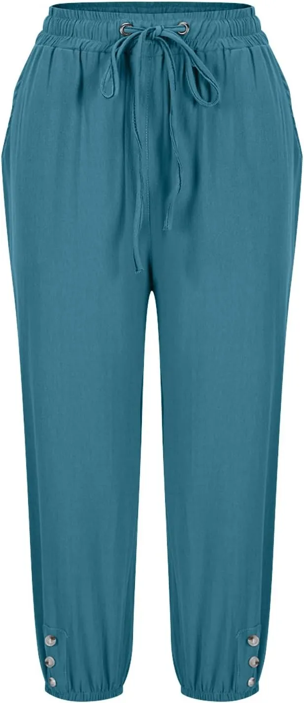 Womens Plain Cotton Linen Capri Pants Cropped Trousers Summer 3/4 Length Pant Casual Loose Trouser Capris with Pockets