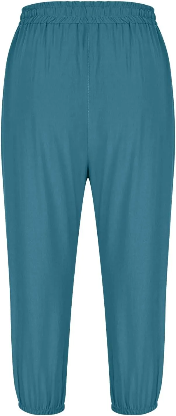 Womens Plain Cotton Linen Capri Pants Cropped Trousers Summer 3/4 Length Pant Casual Loose Trouser Capris with Pockets