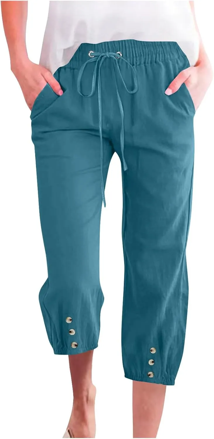 Womens Plain Cotton Linen Capri Pants Cropped Trousers Summer 3/4 Length Pant Casual Loose Trouser Capris with Pockets