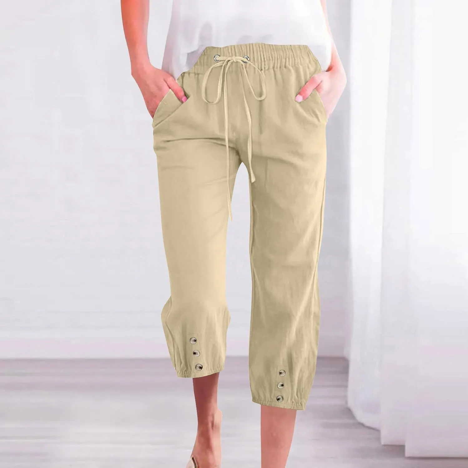 Womens Plain Cotton Linen Capri Pants Cropped Trousers Summer 3/4 Length Pant Casual Loose Trouser Capris with Pockets