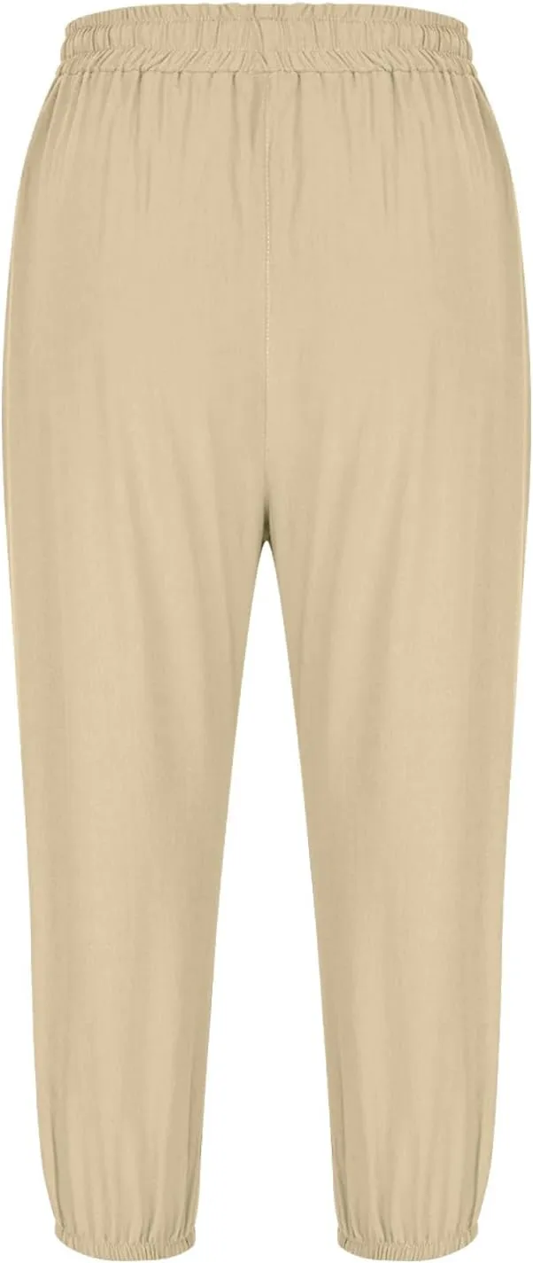 Womens Plain Cotton Linen Capri Pants Cropped Trousers Summer 3/4 Length Pant Casual Loose Trouser Capris with Pockets
