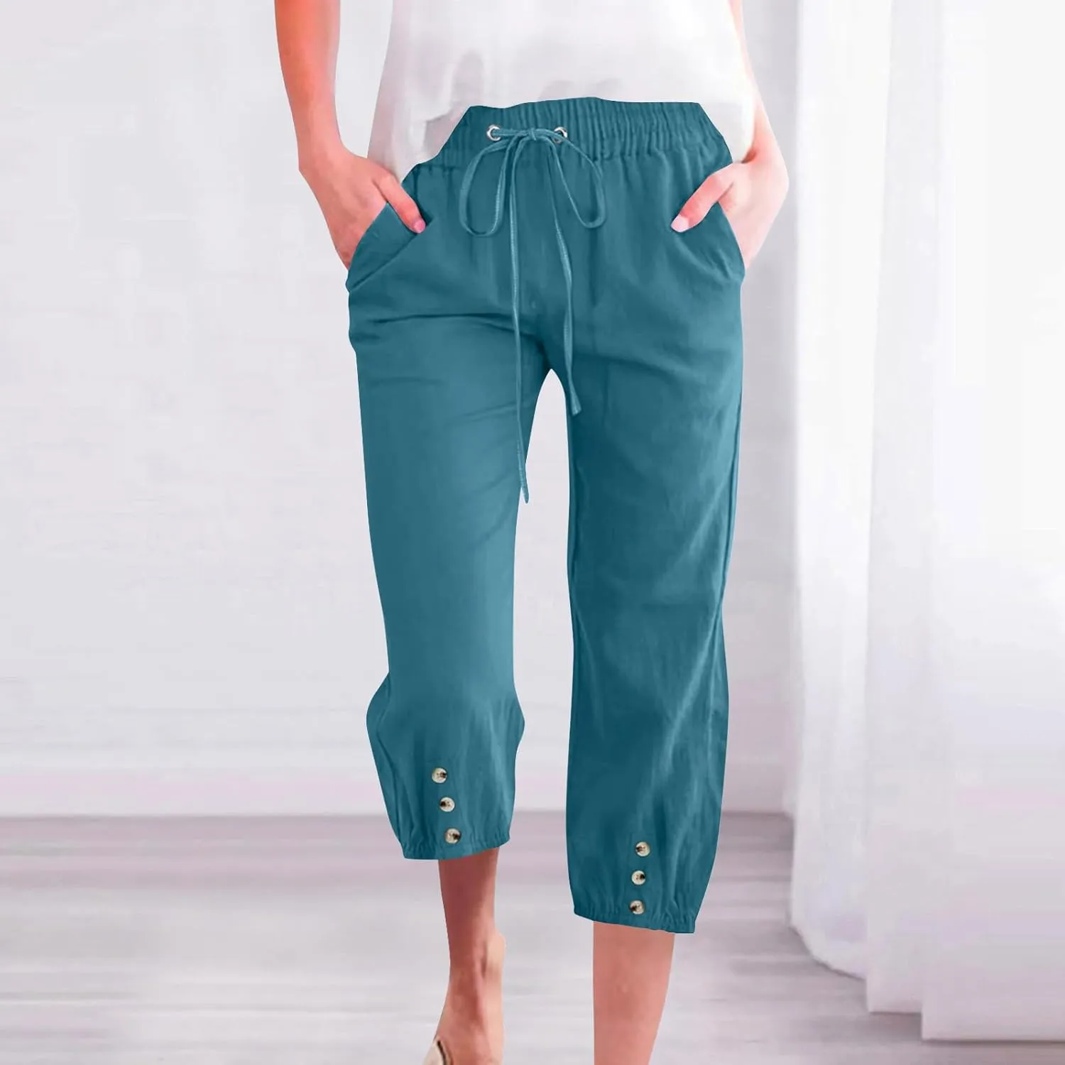 Womens Plain Cotton Linen Capri Pants Cropped Trousers Summer 3/4 Length Pant Casual Loose Trouser Capris with Pockets