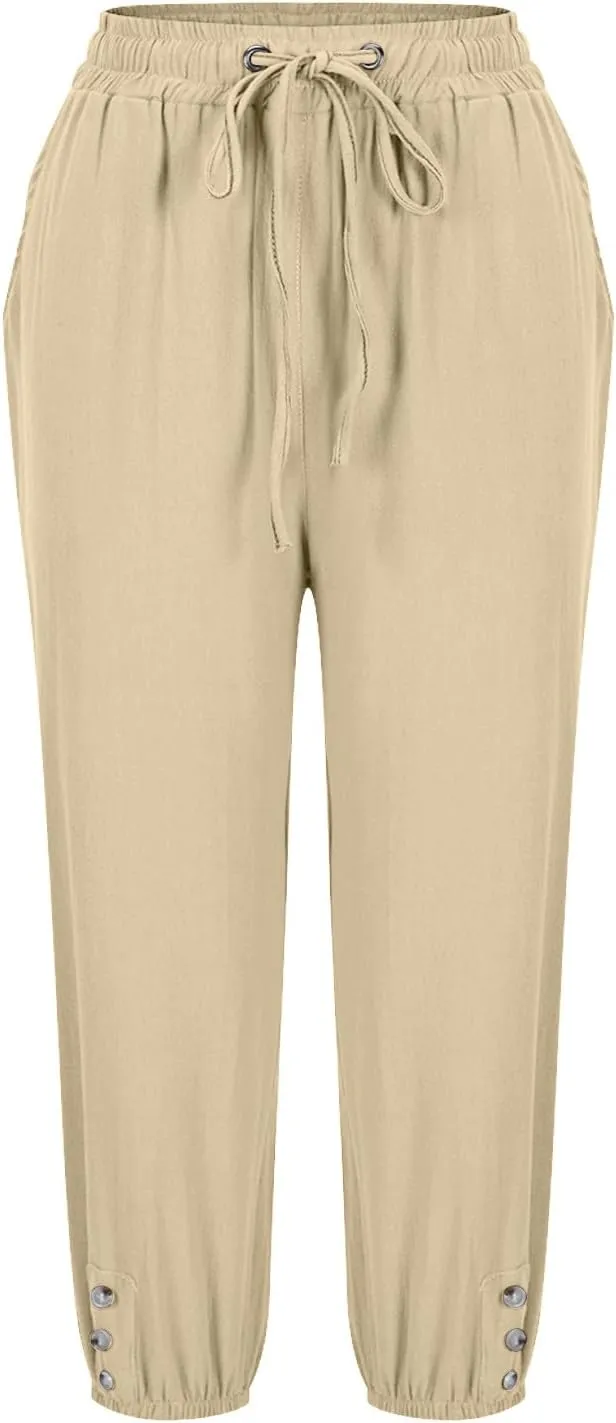 Womens Plain Cotton Linen Capri Pants Cropped Trousers Summer 3/4 Length Pant Casual Loose Trouser Capris with Pockets