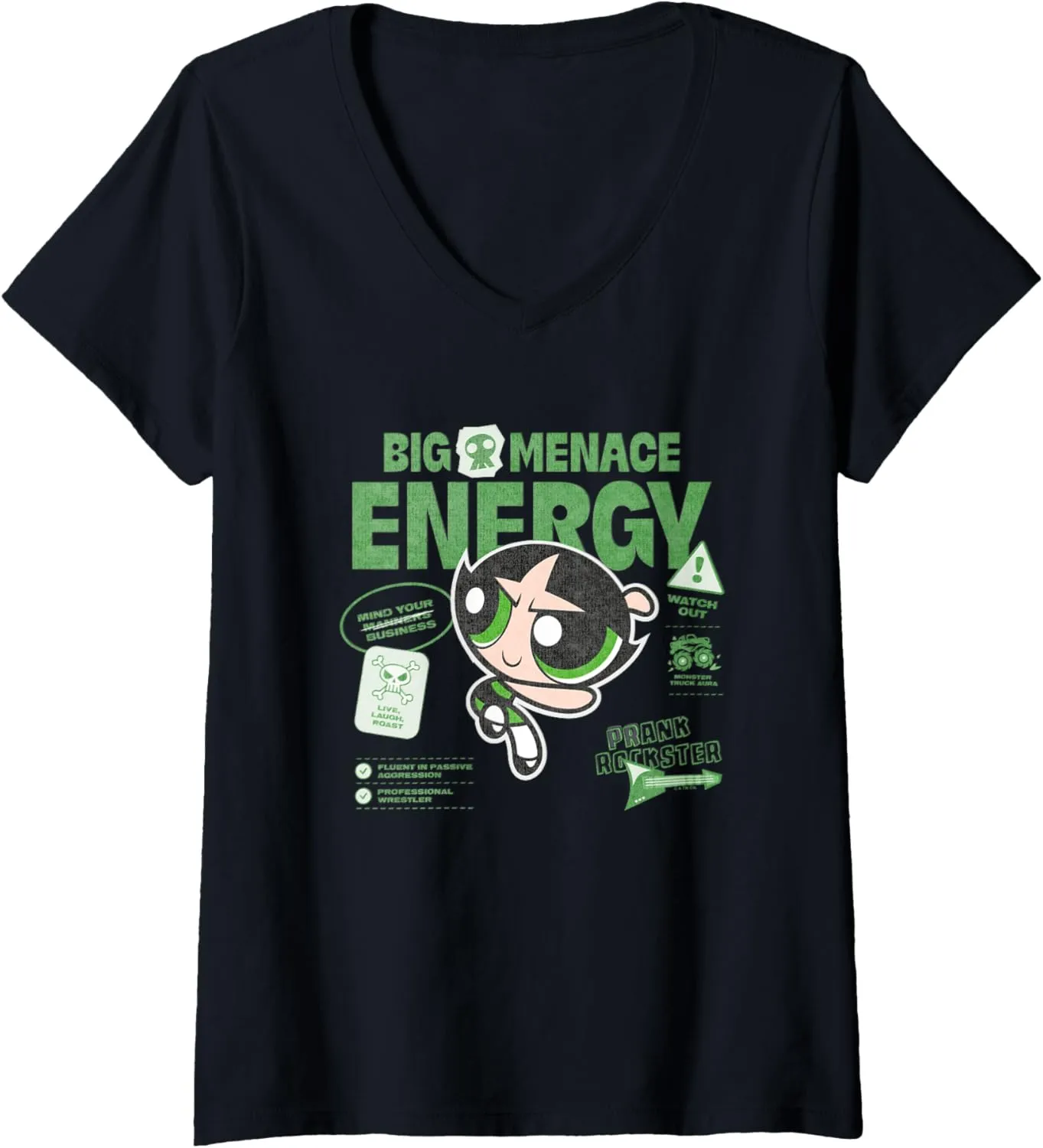 Womens The Powerpuff Girls Buttercup Big Menace Energy Watch Out! V-Neck T-Shirt
