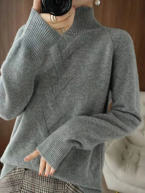 xakxx Casual Loose Long Sleeves Solid Color High-Neck Sweater Tops