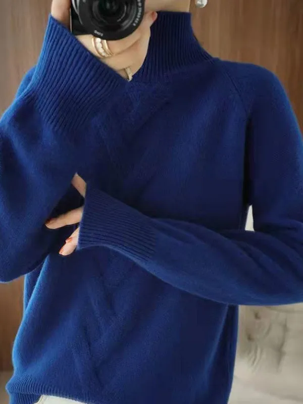 xakxx Casual Loose Long Sleeves Solid Color High-Neck Sweater Tops