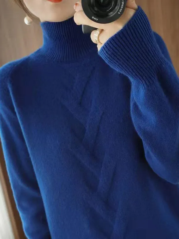 xakxx Casual Loose Long Sleeves Solid Color High-Neck Sweater Tops