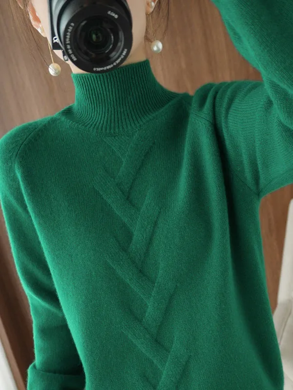 xakxx Casual Loose Long Sleeves Solid Color High-Neck Sweater Tops