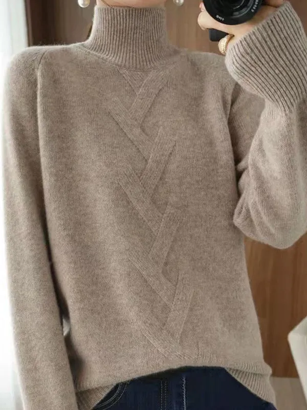 xakxx Casual Loose Long Sleeves Solid Color High-Neck Sweater Tops