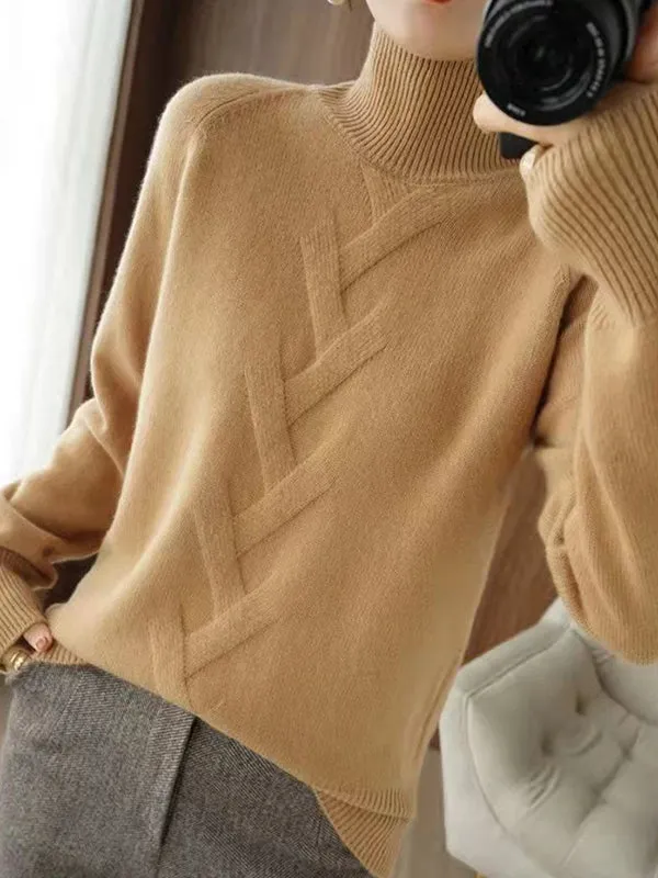 xakxx Casual Loose Long Sleeves Solid Color High-Neck Sweater Tops