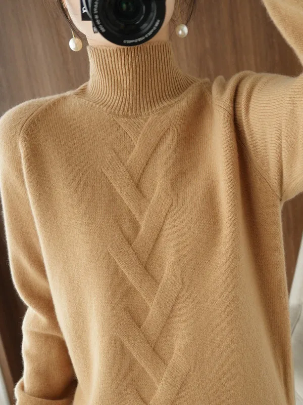 xakxx Casual Loose Long Sleeves Solid Color High-Neck Sweater Tops