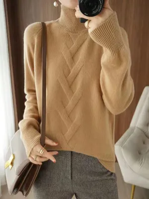 xakxx Casual Loose Long Sleeves Solid Color High-Neck Sweater Tops