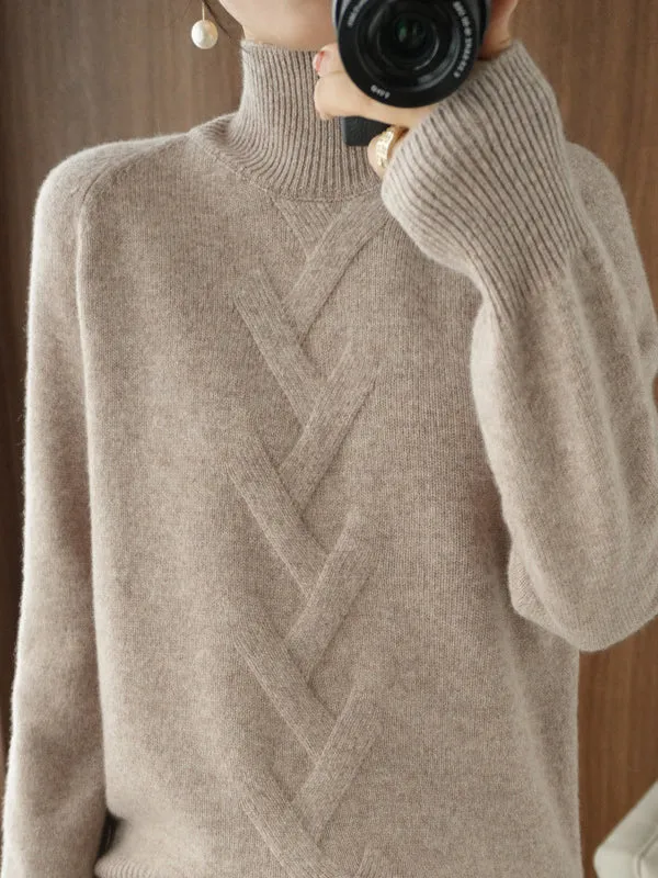 xakxx Casual Loose Long Sleeves Solid Color High-Neck Sweater Tops