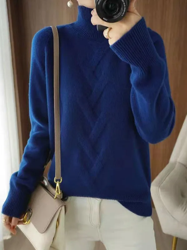 xakxx Casual Loose Long Sleeves Solid Color High-Neck Sweater Tops