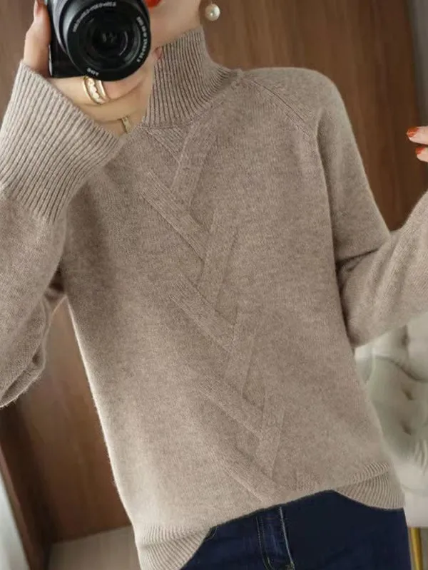 xakxx Casual Loose Long Sleeves Solid Color High-Neck Sweater Tops