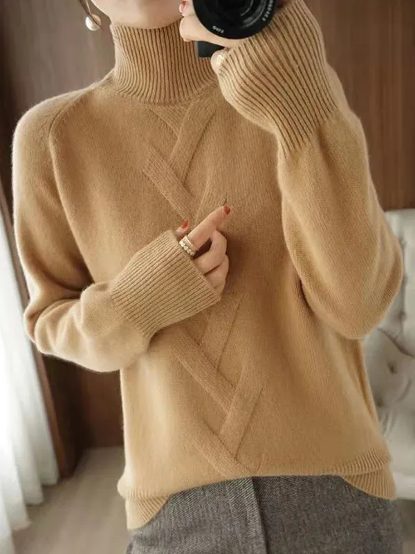 xakxx Casual Loose Long Sleeves Solid Color High-Neck Sweater Tops