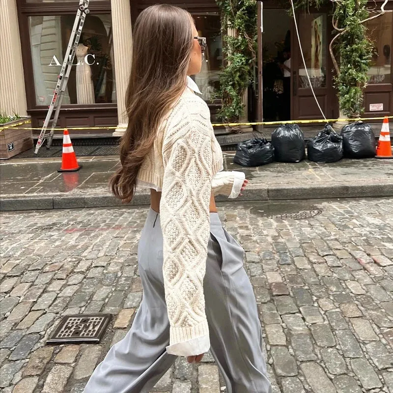 Y2K Designer Argyle Cropped Sweater  Oversized Long Sleeve Knit