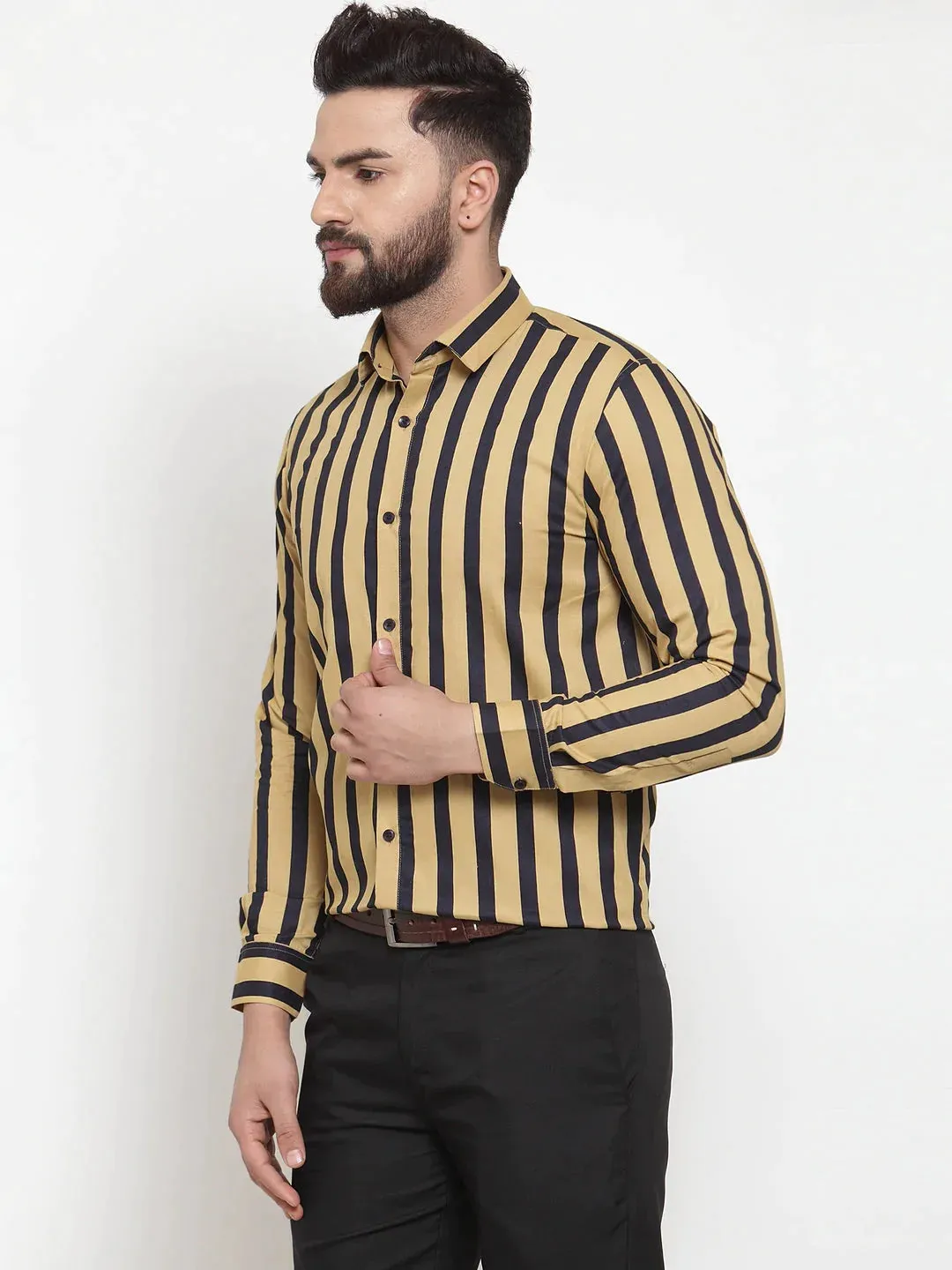 Yellow Men'S Cotton Striped Formal Shirts