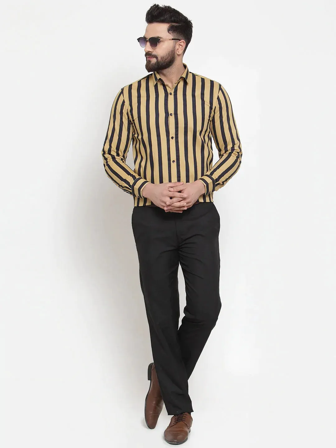 Yellow Men'S Cotton Striped Formal Shirts